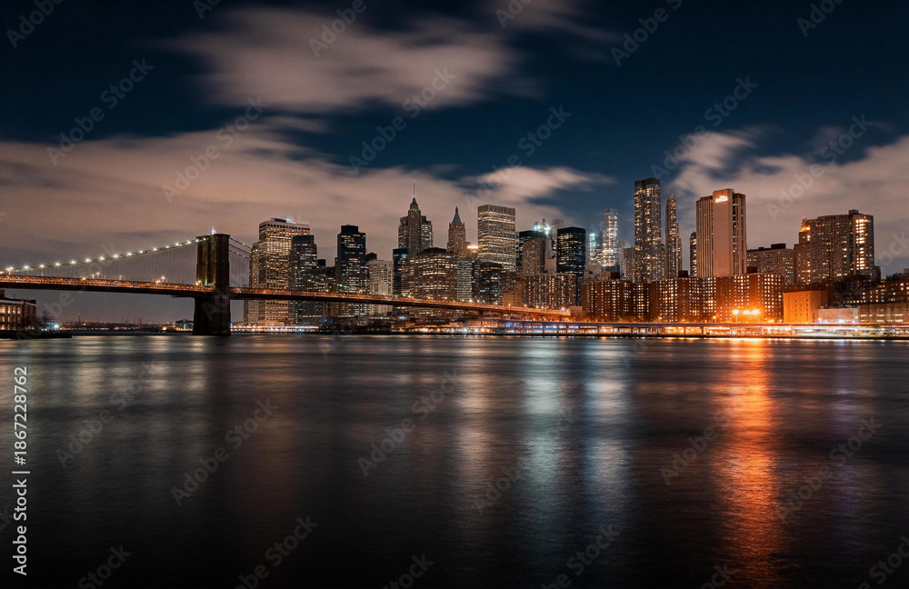 Obraz premium New York City Skyline at Night with Brooklyn Bridge