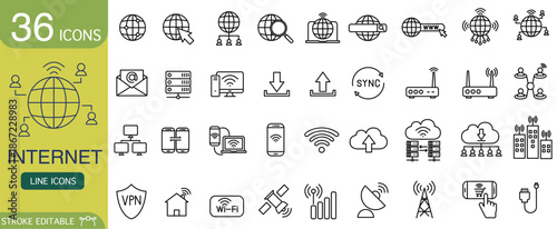 Useful set of internet line icons for web and mobile design. collection features symbols for network, technology, communication, data, security, and cloud computing
