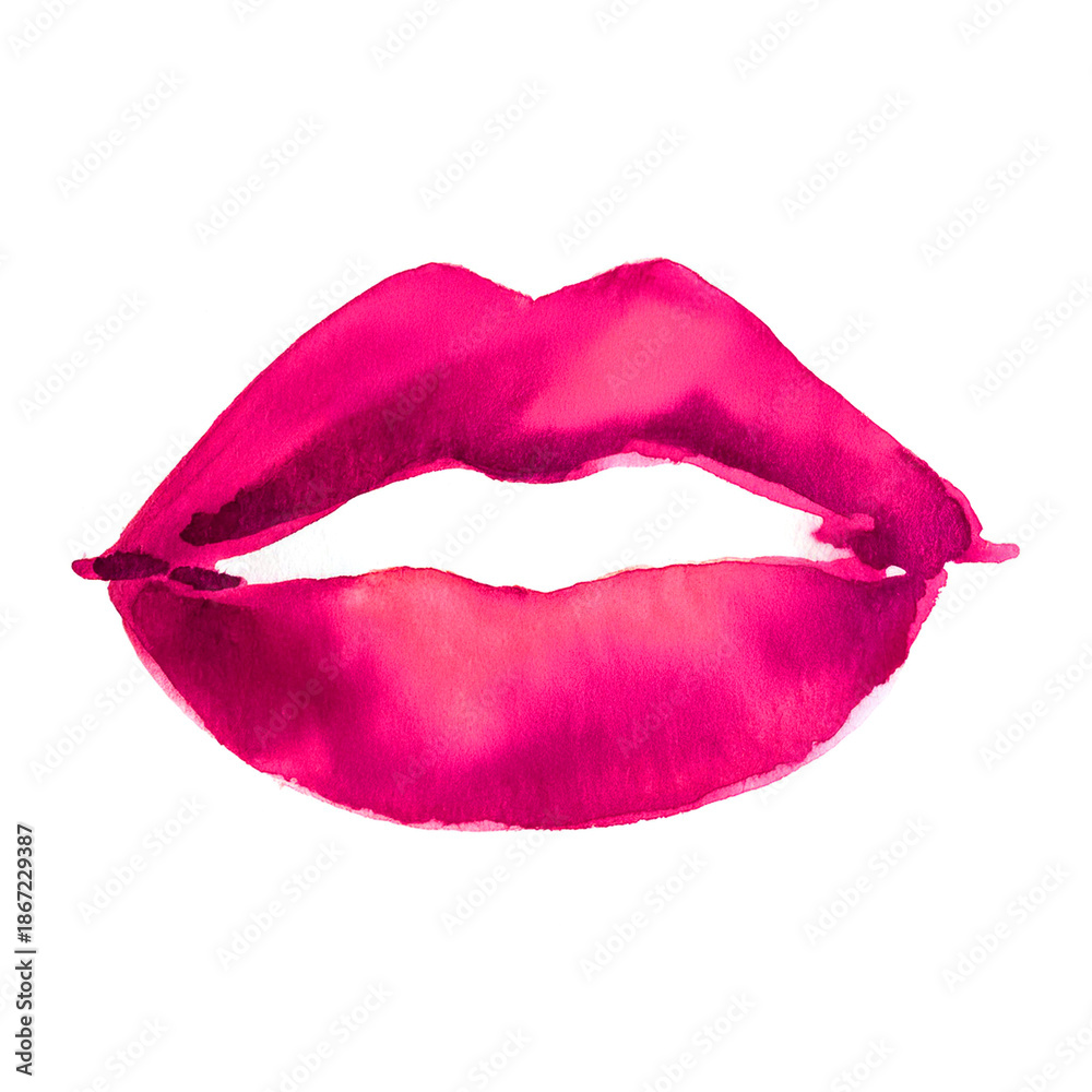 Fototapeta premium Beautiful watercolor pink lips on white background, perfect for Valentine's Day theme, or makeup cosmetic product. Smear and texture of red kiss made with paint.