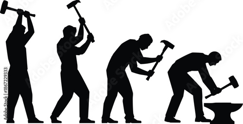 Blacksmith hammering metal silhouette illustration, forging process stages, manual labor craftsmanship, industrial work concept, black white vector art, design, background