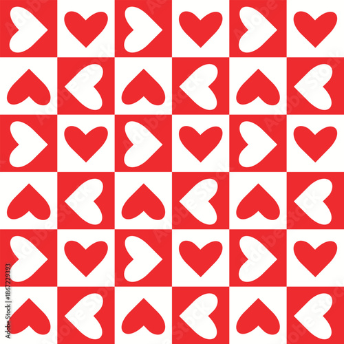 Checkered red and white hearts seamless pattern in four directions. For valentine’s day background, stationary and wrapping paper,