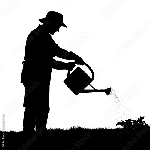 Silhouette of a gardener watering plants with a watering can.