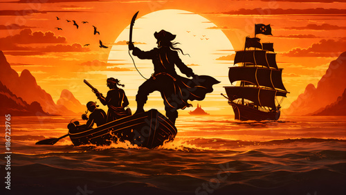 Silhouette of Pirates Sailing Toward the Horizon at Sunset