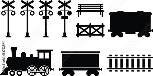 Railway transportation vector icon set, train locomotive wagon rail crossing signal fence bench track silhouette symbols, isolated black graphic elements collection