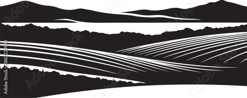 Black and white landscape with rolling hills and mountains