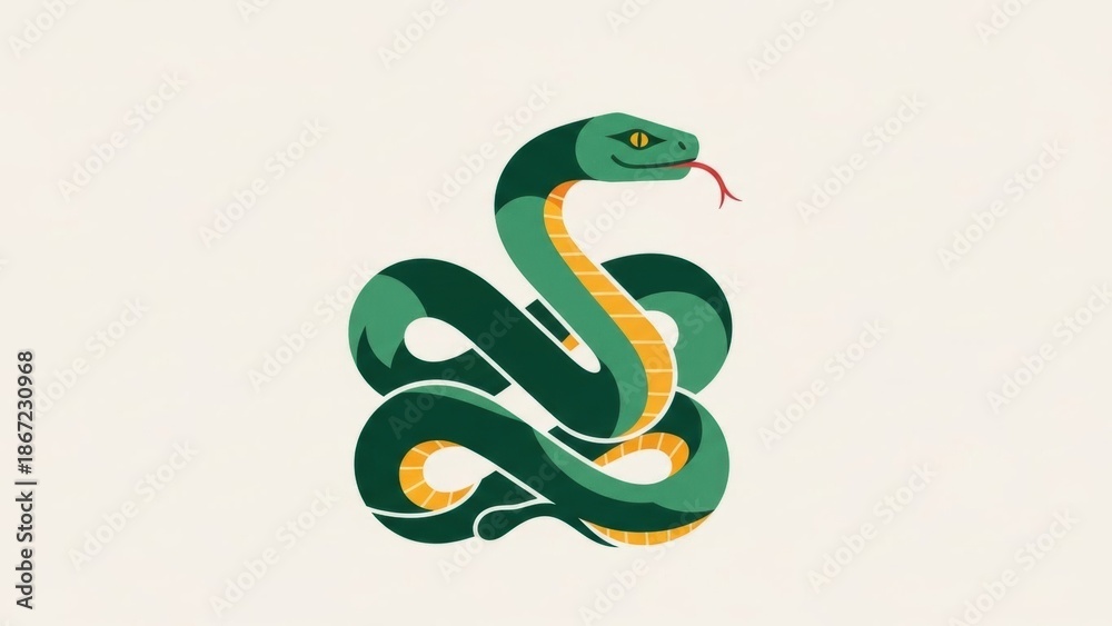 Fototapeta premium Green snake illustration with yellow belly and red tongue.