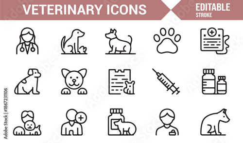 Animal hospital and vet care outline icon pack