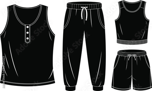 Black sportswear vector set, casual loungewear outfit templates including tank top jogger pants and shorts design