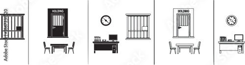 Set of Legal and Justice System Vector Icons. Courtroom, Prison, Gavel, and Office Line Art Collection. isolated PNG with Transparent Background