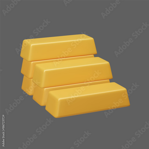 Gold bar stack 3D vector illustration isolated on dark. Fine gold precious metal ingots for investments. Game design element - 3D style golden bars.