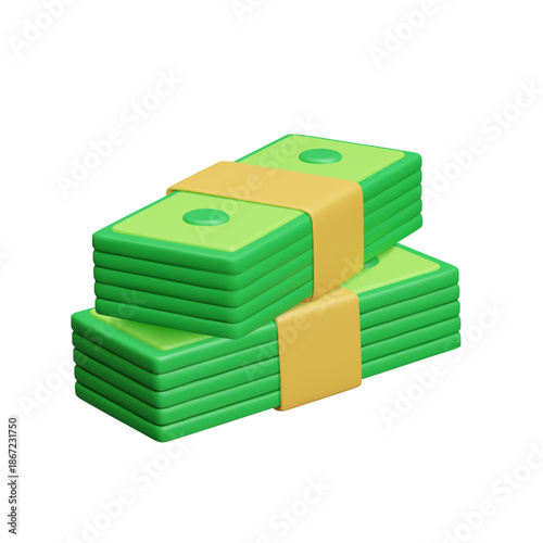Stack of money cash banknotes bunch 3D vector illustration. Green US dollar paper currency stacked. Game design element.