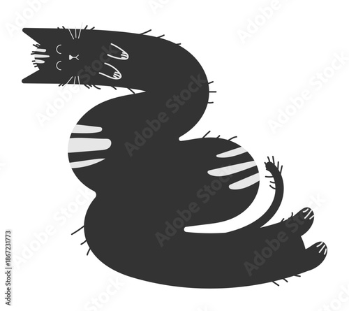 Funny shaggy black cat with gray stripes, asleep, bent in a zigzag. Vector illustration.