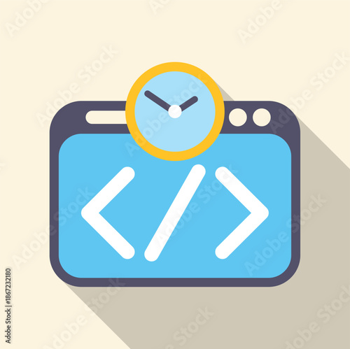 Browser window with code tags and a clock symbolizing programming deadlines