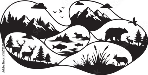 Wildlife and Nature Silhouette Landscape with Mountains and Animals