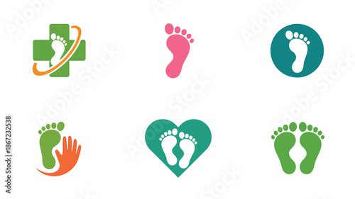 Collection of colorful foot and healthcare related icons on a white background