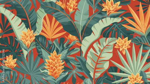 Vibrant Tropical Botanical Garden Vector Illustration with Lush Foliage and Exotic Flowers in a Seamless Pattern