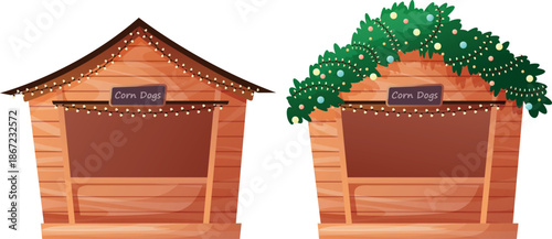 Wooden street food stall, eco-friendly natural small kiosk for selling drinks and food, festival atmosphere, ready-made food to go