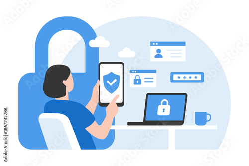 Woman managing online cybersecurity and data protection with smartphone and laptop