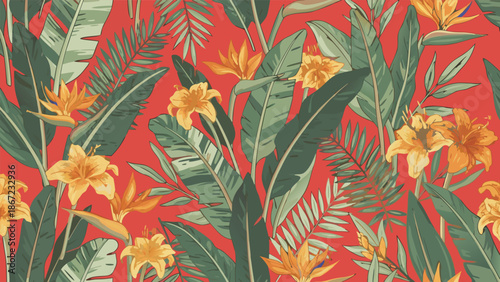 Vibrant tropical floral pattern vector illustration on red background, exotic leaves and flowers, seamless design for textiles and decor