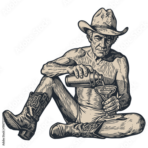 A humorous vector illustration of a shirtless senior cowboy in a hat and boots, sitting and pouring a cocktail from a shaker. Vintage engraving style.