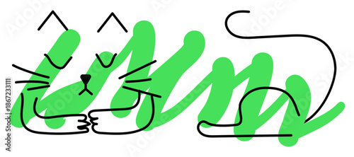 Funny cat drawn with scribbles using a colored marker and line, lying down and sleeping. Vector illustration.