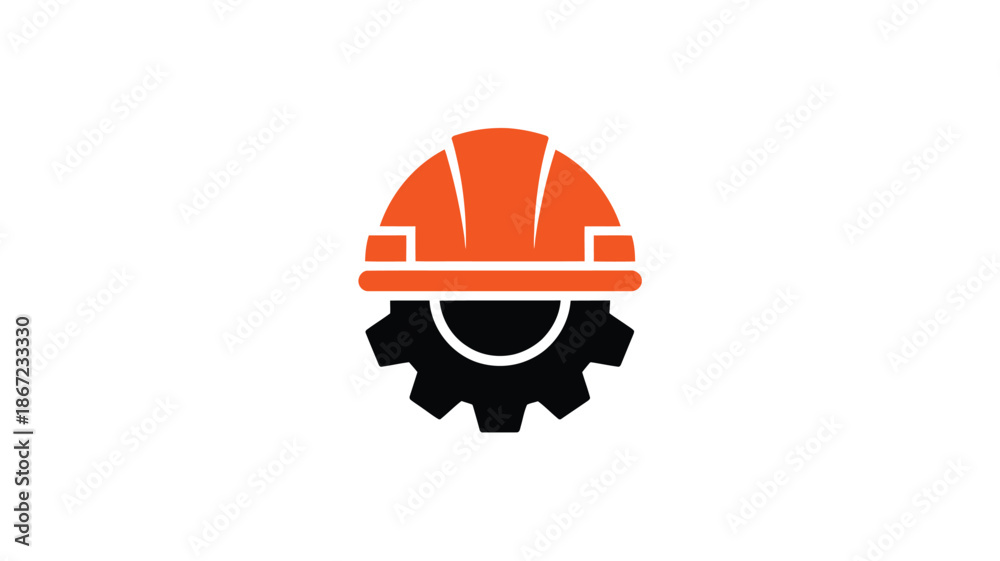 Fototapeta premium An orange and black construction helmet logo with a gear design below