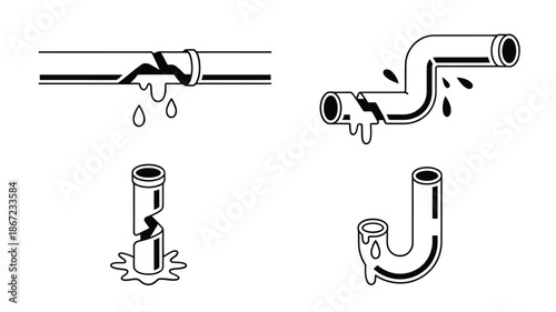 Broken pipe illustrations showing leaks and disconnected pipe segments