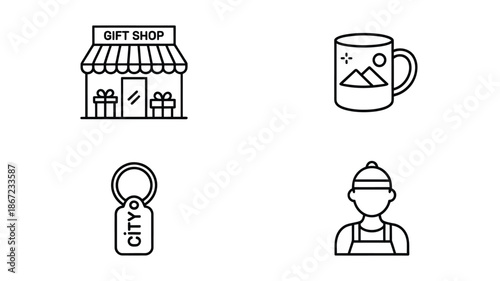 Line art depicting a gift shop mug keychain and person with a hat