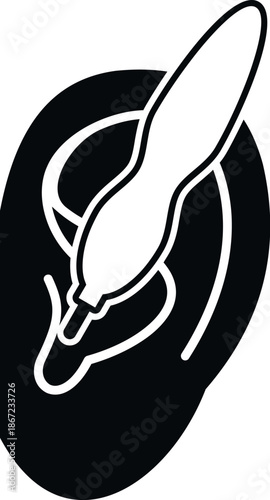 Human ear with a hearing aid device correcting hearing problems in black and white silhouette