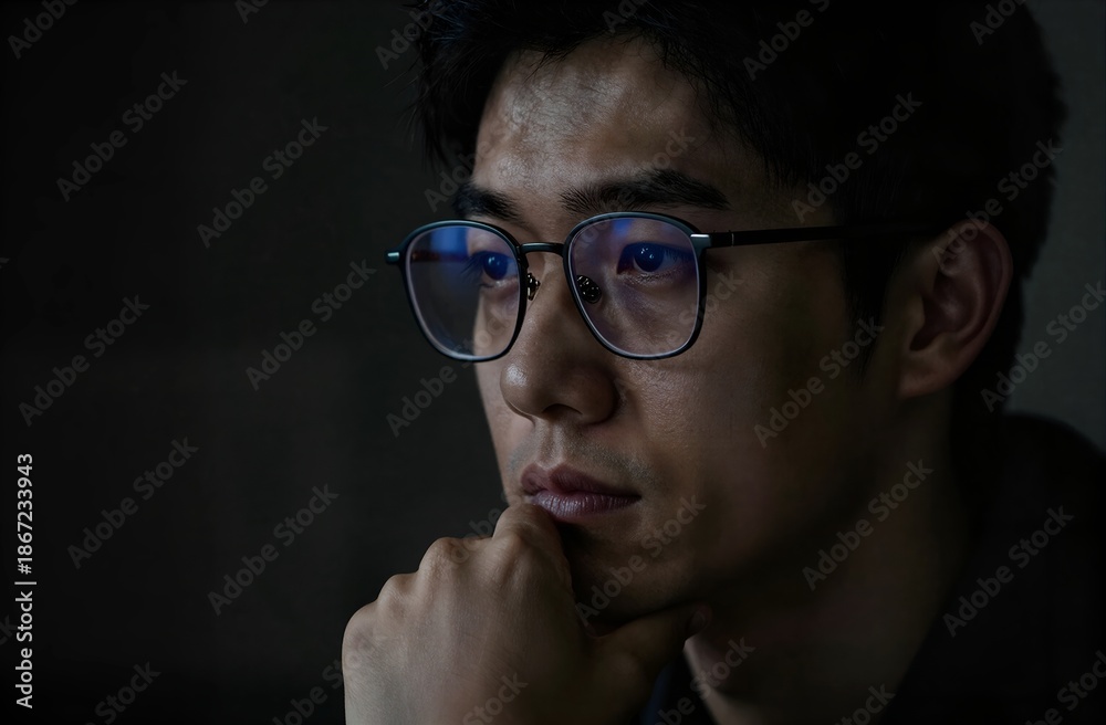 Obraz premium Young man concentrating intently, reflecting blue light on glasses
