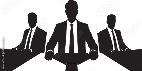 "Business Meeting Silhouette Vector – Three Executives at Table in Suits & Ties"