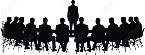 Business meeting silhouette illustration showing leader standing before team discussion, corporate leadership, strategy presentation, and professional conference concept in black and white