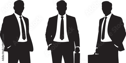 "Business Professional Silhouette Vector – Three Standing Figures in Suits with Briefcases"