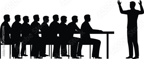 Business presentation silhouette with speaker addressing seated audience, corporate training seminar, leadership communication, and professional meeting concept in black and white