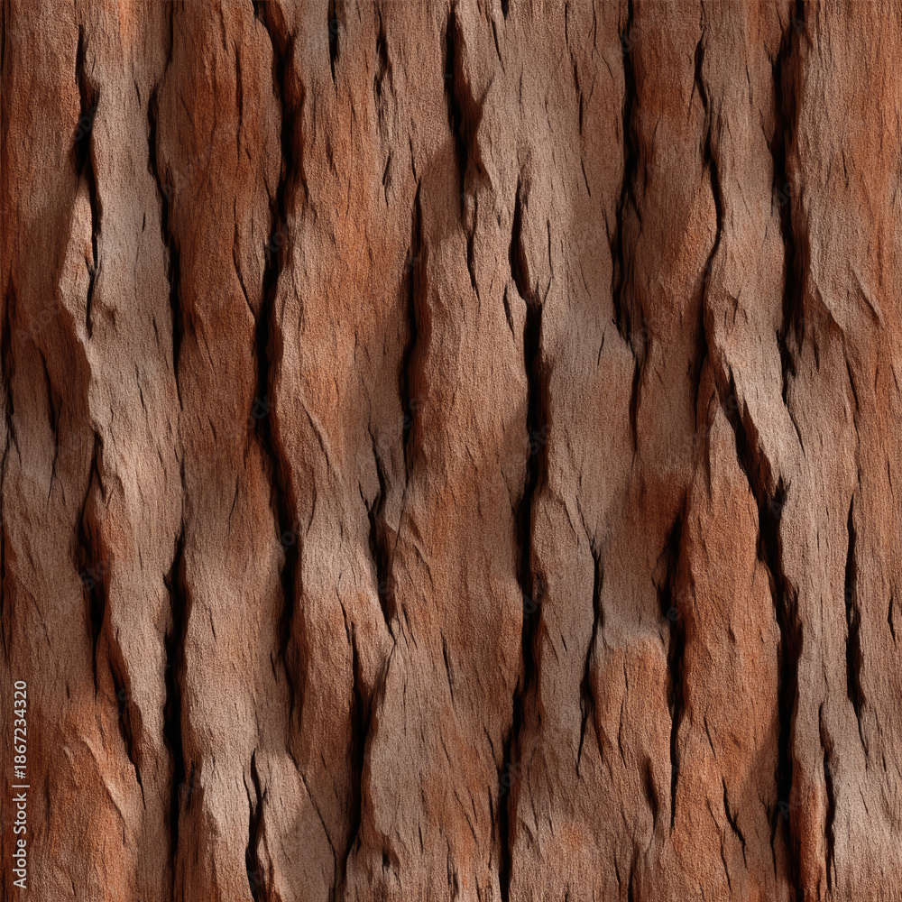 Fototapeta premium Seamless tiling redwood bark texture, natural rough surface, vertical lines, brown color, organic pattern