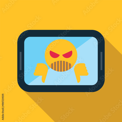 Angry emoji with thumbs down appearing on a tablet screen, symbolizing online hate