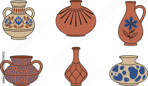Hand drawn ceramic pottery vases collection with decorative patterns isolated on white background traditional craft illustration set design