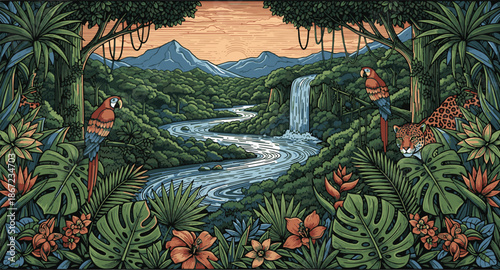 Tropical jungle landscape with waterfall and exotic wildlife