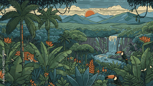 Illustrated tropical jungle scene with waterfall and exotic wildlife