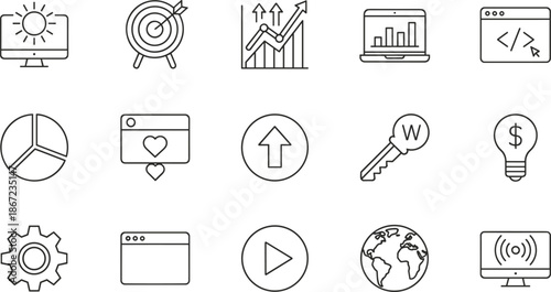Digital SEO and Data Analytics Icon Set Featuring Target Strategy, Financial Growth Charts, Web Coding, Global Marketing, and Keyword Optimization