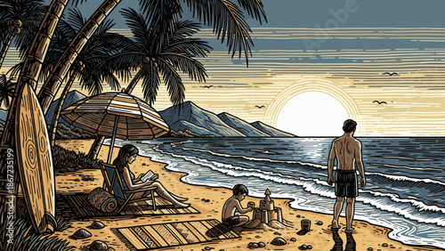 Family Relaxing on Tropical Beach at Sunset with Palm Trees