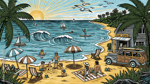 Vintage beach scene with surfers and family enjoying sunny day