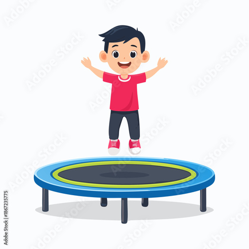 Happy little boy jumping on a trampoline with arms raised in excitement.
