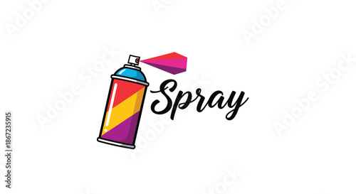 Bright colorful spray paint can illustration with the word spray in stylized script text on a plain white background.