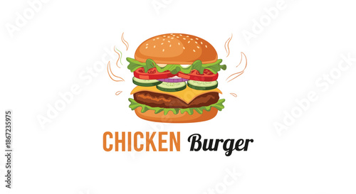 Delicious chicken burger illustration with sesame bun lettuce tomato cucumber cheese and a juicy grilled patty.