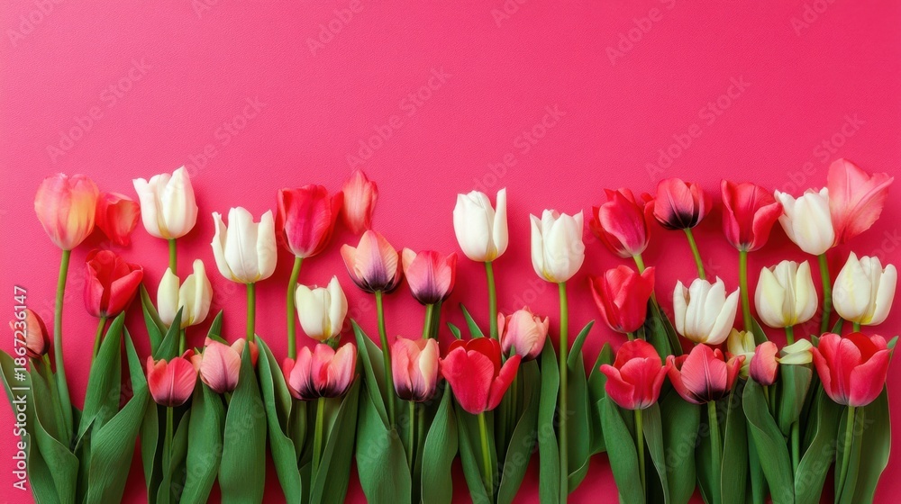 Fototapeta premium Vibrant tulips on a rich pink backdrop, creating a cheerful floral display