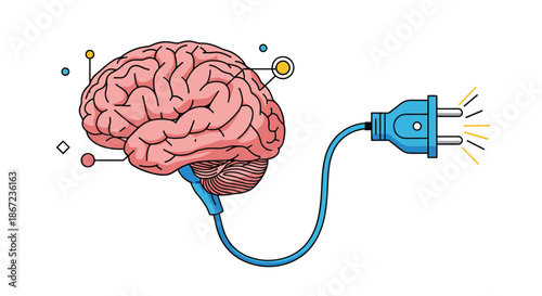 Creative graphic showing a human brain connected to an electric power plug for mental energy or charging ideas.