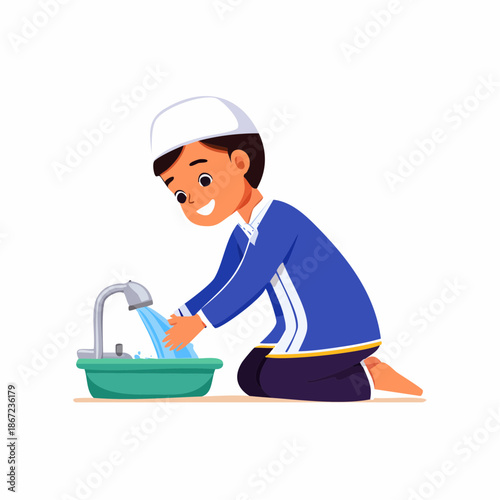 Young Muslim boy performing ablution before prayer.