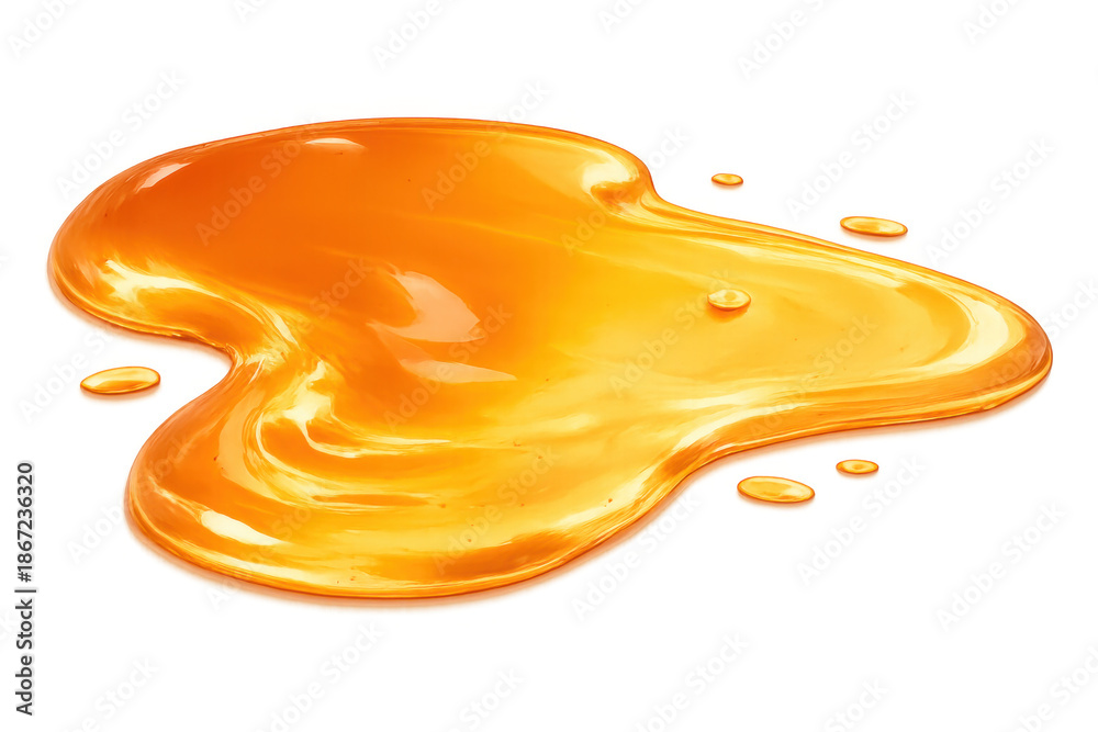 Fototapeta premium Golden honey or caramel syrup spill forming a puddle with glossy droplets isolated on a transparent background