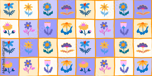 Nordic floral seamless pattern combining leaves and blossoms in a balanced layout. Works well for textiles, packaging, and contemporary surface design